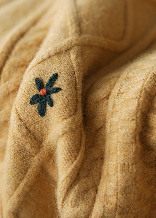 Loose Yellow Embroideried Knit Sweaters Winter