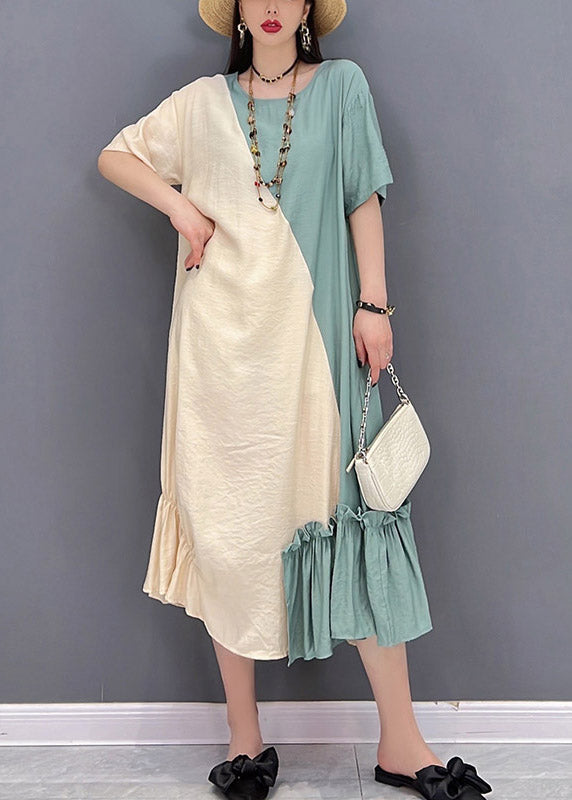Loose Yellow Green O-neck Patchwork Ruffled Long Dress Short Sleeve