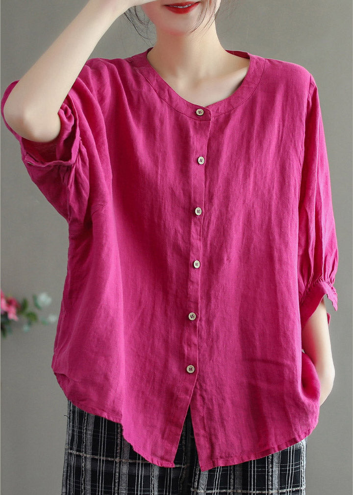 Loose Yellow O-neck Button Linen Shirts Half Sleeve