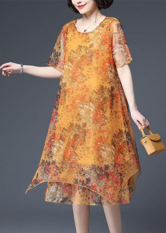 Loose Yellow O-neck Print Asymmetrical Tulle Maxi Dresses Short Sleeve