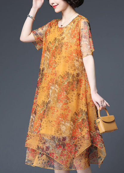 Loose Yellow O-neck Print Asymmetrical Tulle Maxi Dresses Short Sleeve