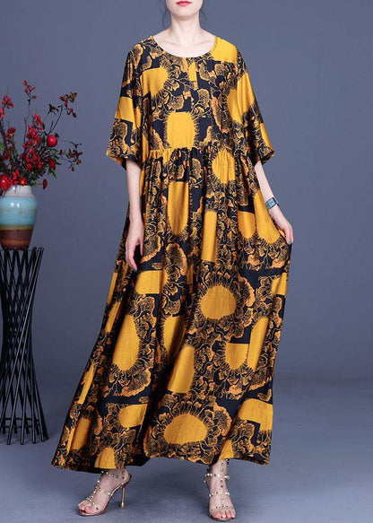 Loose Yellow Print Silk Loose Ankle Dress Summer