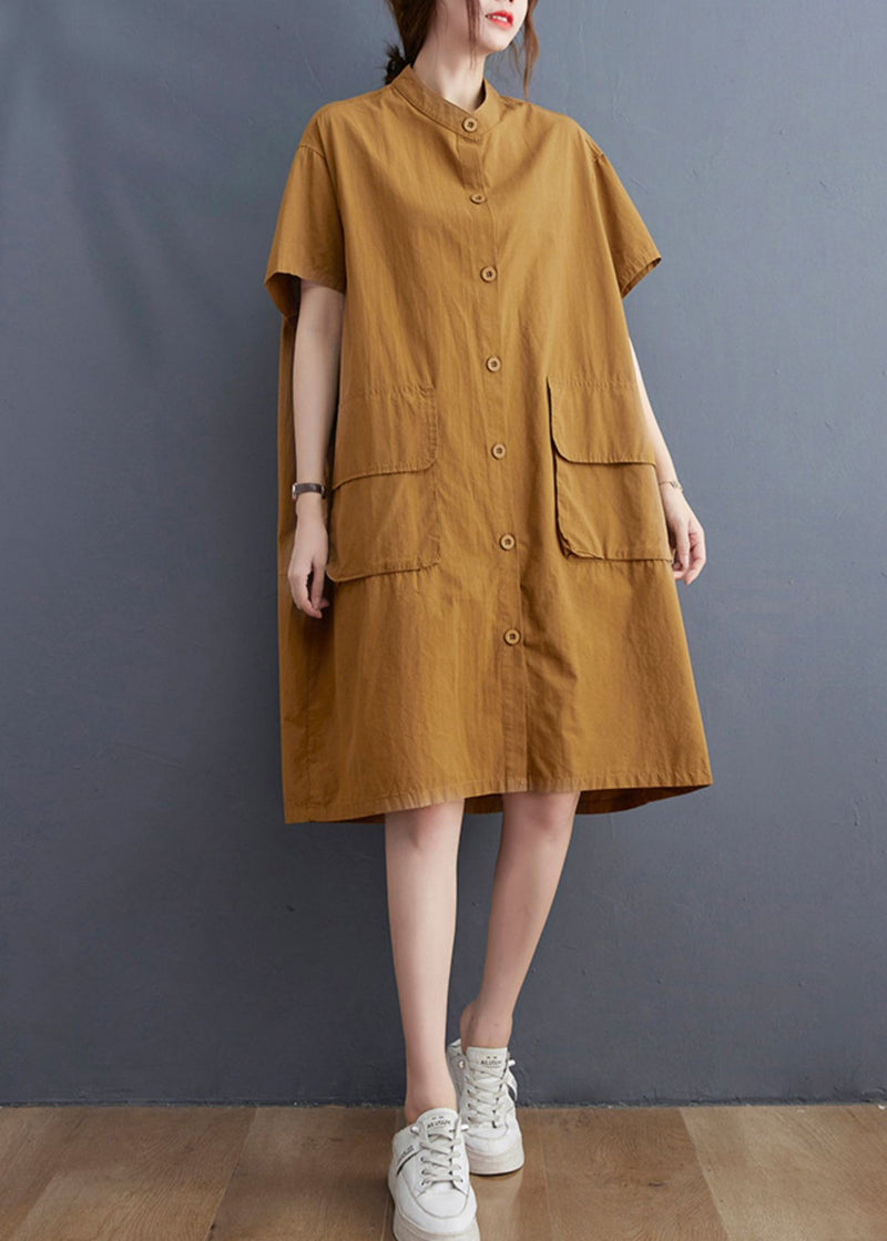 Loose Yellow Stand Collar Button Pockets Dress Short Sleeve