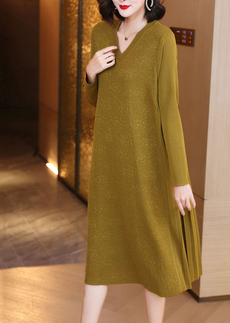 Loose Yellow V Neck Patchwork Wrinkled Jacquard Knit Maxi Dresses Spring