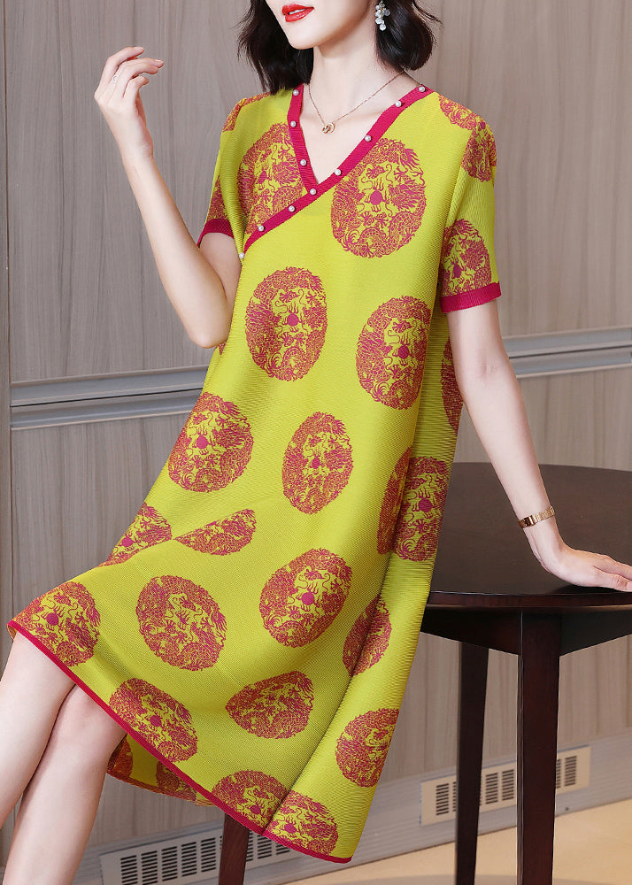 Loose Yellow V Neck Print Wrinkled Silk a Line Dresses Short Sleeve
