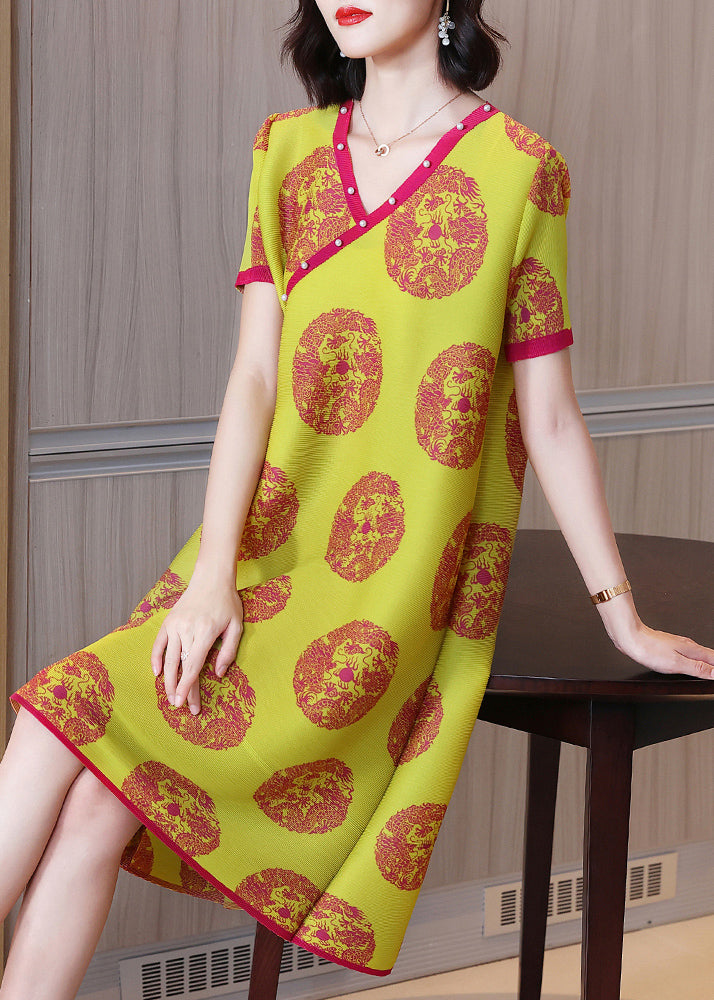 Loose Yellow V Neck Print Wrinkled Silk a Line Dresses Short Sleeve