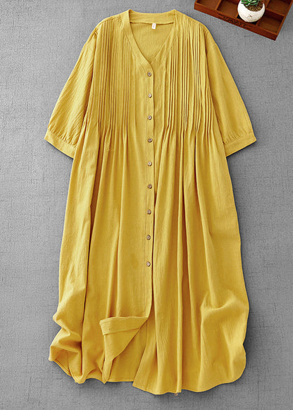 Loose Yellow Wrinkled Button Cotton Shirts Dress Summer