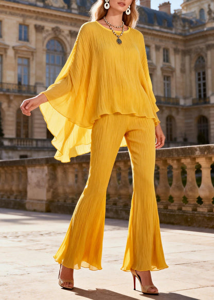 Loose Yellow Wrinkled Low High Design Tops and Flared Trousers Two Pieces Set Batwing Sleeve