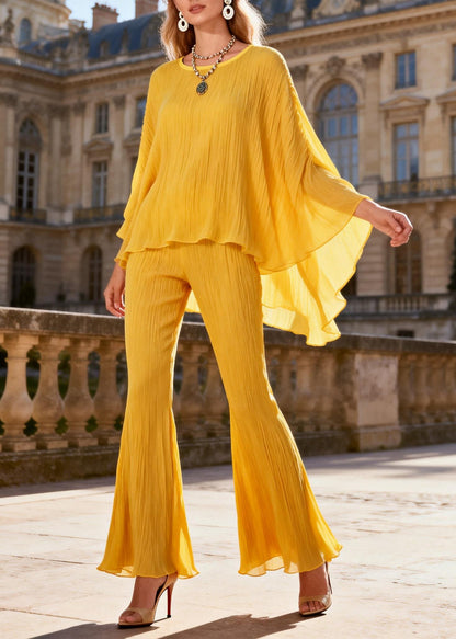 Loose Yellow Wrinkled Low High Design Tops and Flared Trousers Two Pieces Set Batwing Sleeve