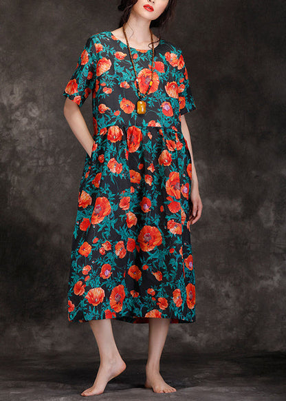 Loose Black Print Linen Long Shirts Fitted Wardrobes V Neck Cinched Long Summer Dresses