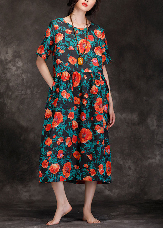 Loose Black Print Linen Long Shirts Fitted Wardrobes V Neck Cinched Long Summer Dresses