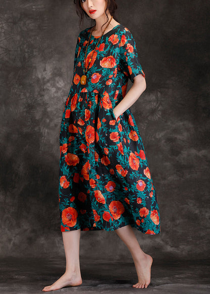 Loose Black Print Linen Long Shirts Fitted Wardrobes V Neck Cinched Long Summer Dresses