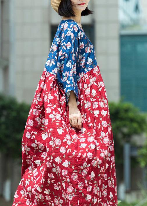 Loose Blue Red Print Cotton Tunic Pattern V Neck Asymmetric Maxi Summer Dresses