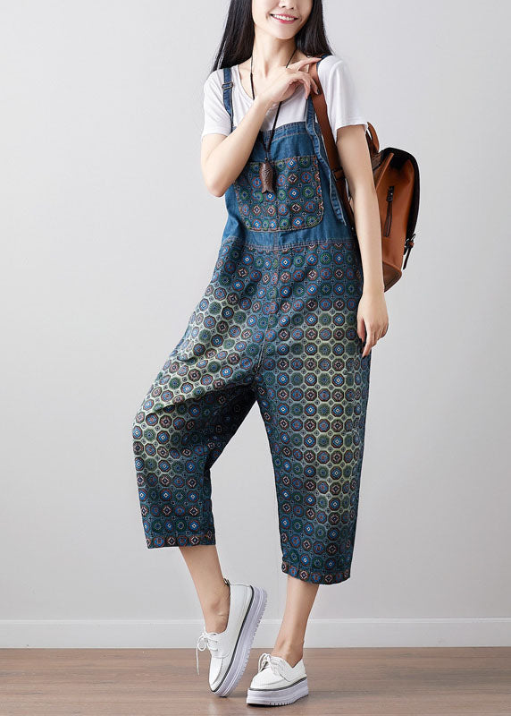 Loose Dark Blue Print Denim Jumpsuit Spring