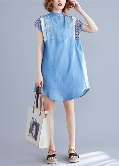Loose Denim Blue Cotton Dresses Stand Collar Embroidery Tunic Summer Dresses