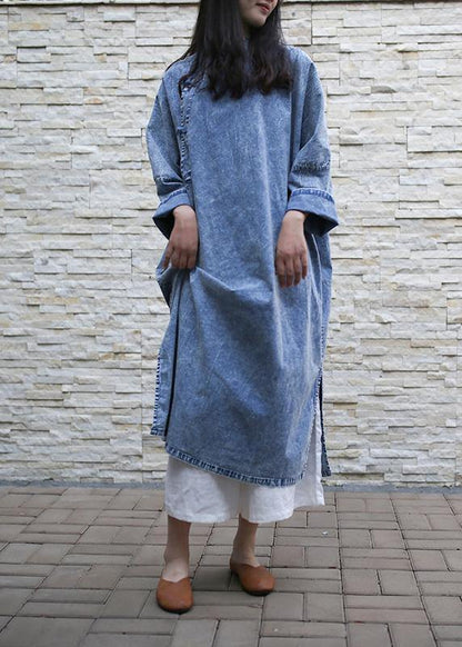 Loose Denim Blue Tunics Stand Collar Side Open Dresses