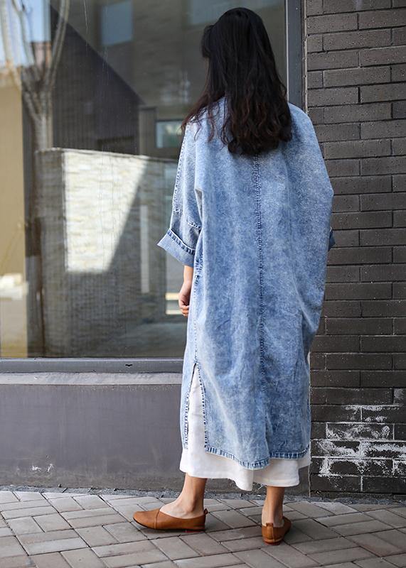 Loose Denim Blue Tunics Stand Collar Side Open Dresses