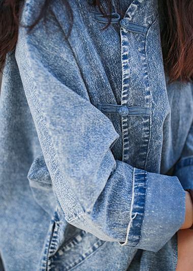 Loose Denim Blue Tunics Stand Collar Side Open Dresses