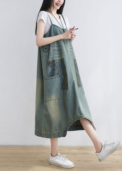 Loose Light Blue Pockets Print Denim Jumpsuit Spring