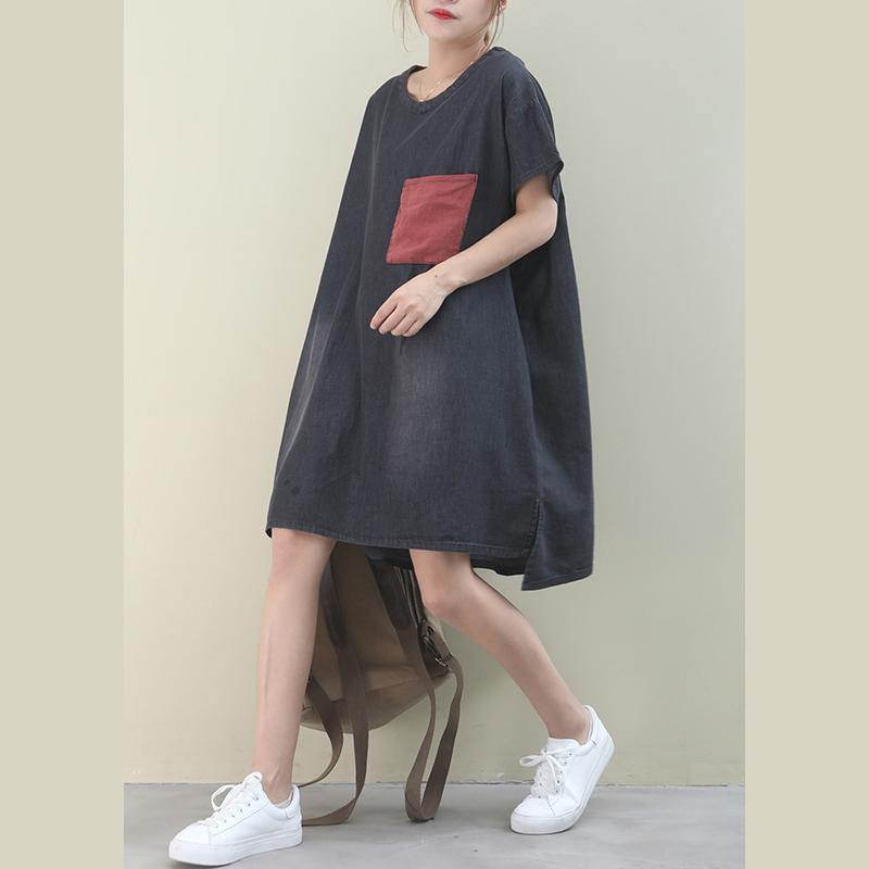 Loose O Neck Red Pockets Cotton Quilting Dresses Inspiration Denim Black Dress