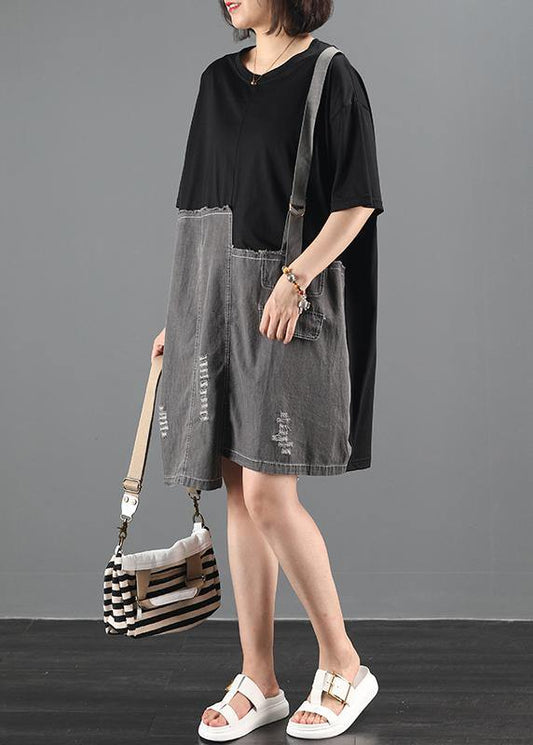 Loose O Neck Summer Tunic Top Runway Black Patchwork Denim Dress