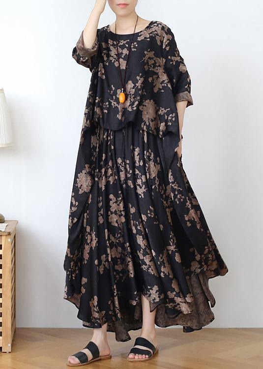 Loose Silk Satin Wind Dress Black Chocolate Color Printing Two-piece Goddess Big Swing Skirt