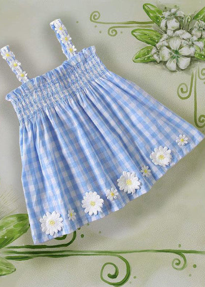 Blue Plaid Wrinkled Cotton Kids Mid Dress Sleeveless