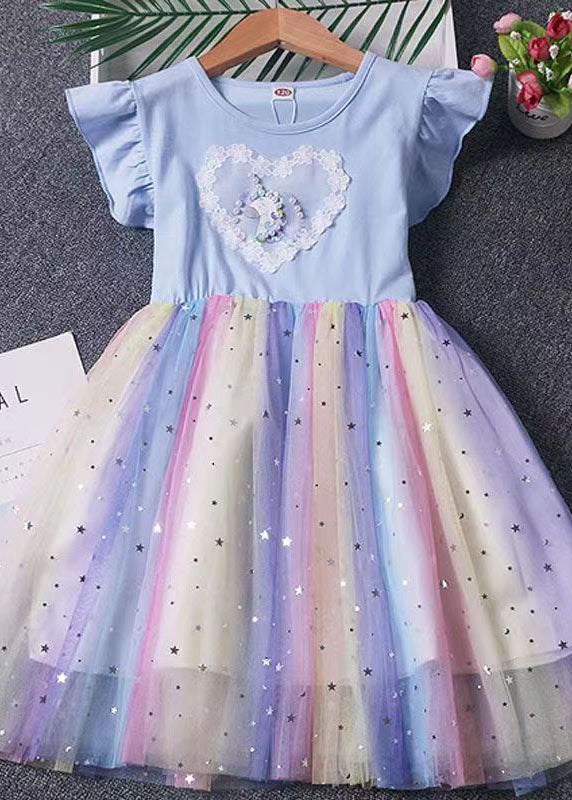 Blue Ruffled Nail Bead Patchwork Tulle Kids Dresses Summer
