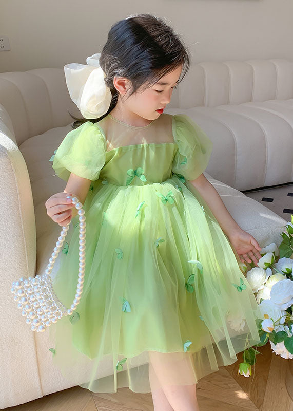 Green Wrinkled Butterfly Patchwork Tulle Baby Dresses Summer