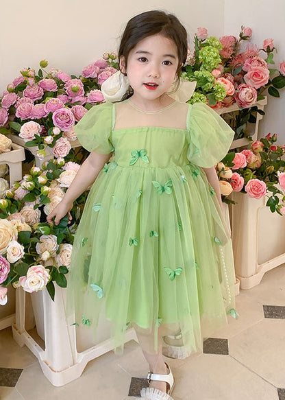 Green Wrinkled Butterfly Patchwork Tulle Baby Dresses Summer