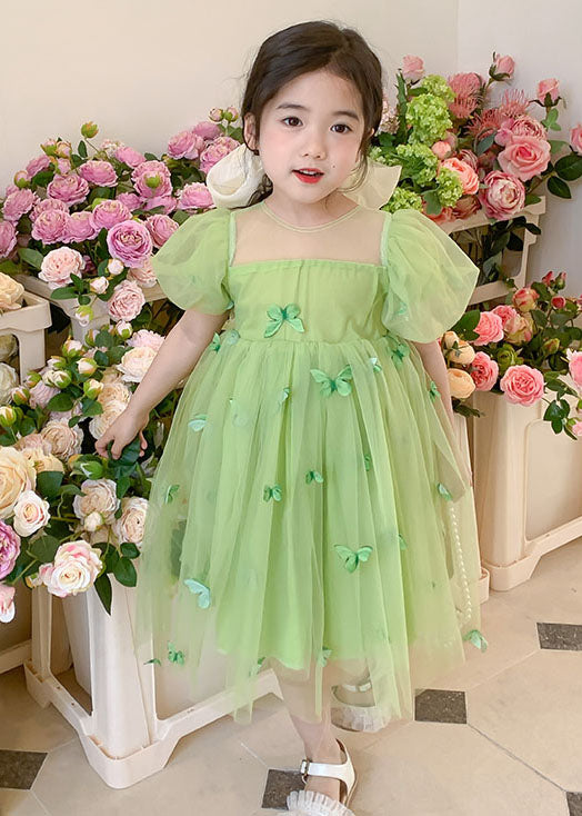 Green Wrinkled Butterfly Patchwork Tulle Baby Dresses Summer