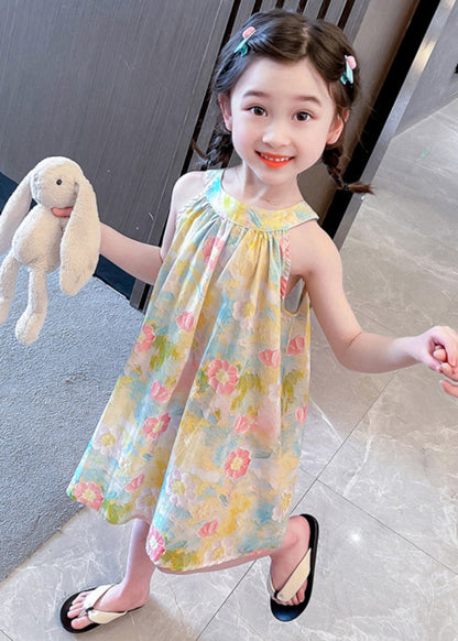 O-neck Print Cotton Slip Mid Dress Sleeveless