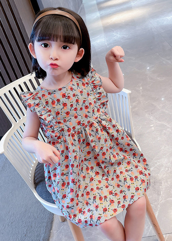 O-neck Ruffled Print Kids Maxi Dress Summer