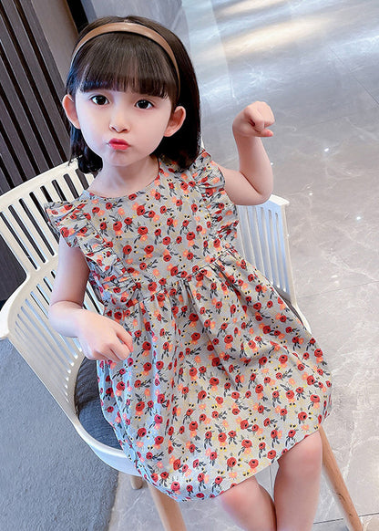 O-neck Ruffled Print Kids Maxi Dress Summer