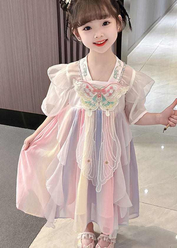 Pink Embroideried Butterfly Patchwork Chiffon Kids Dresses Summer