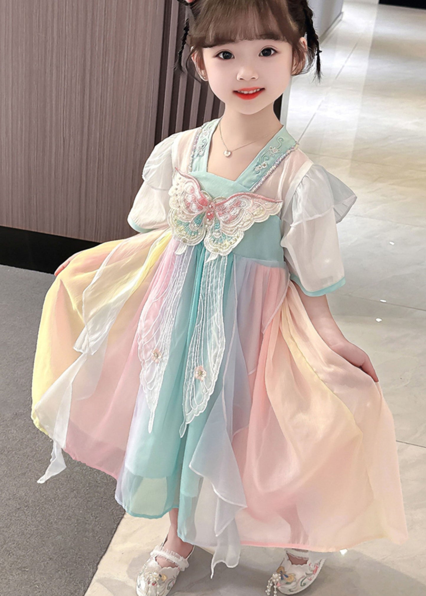 Pink Embroideried Butterfly Patchwork Chiffon Kids Dresses Summer