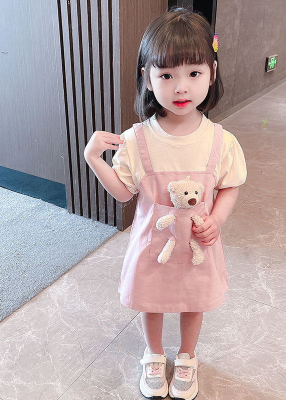 Pink O Neck Patchwork Cotton Kids Dresses Summer