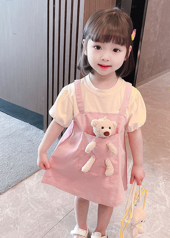 Pink O Neck Patchwork Cotton Kids Dresses Summer