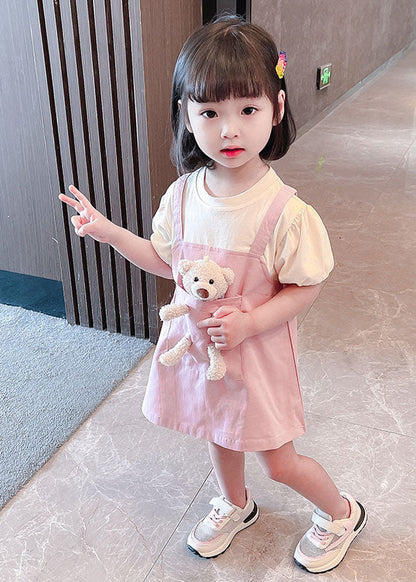 Pink O Neck Patchwork Cotton Kids Dresses Summer