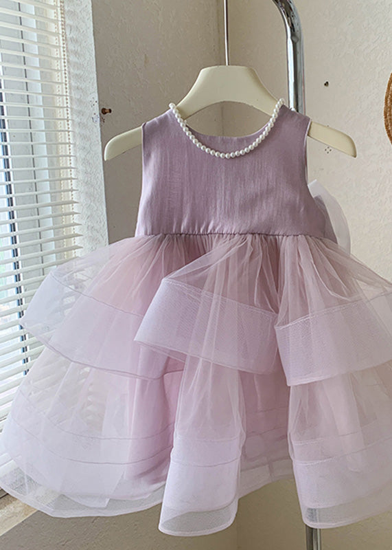 Pink O-neck Patchwork Layered Tulle Kids Dress Summer