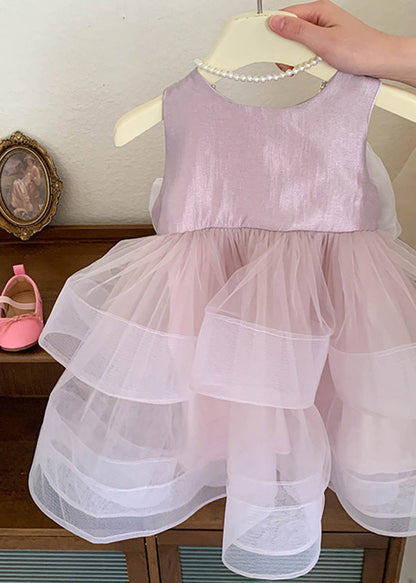 Pink O-neck Patchwork Layered Tulle Kids Dress Summer