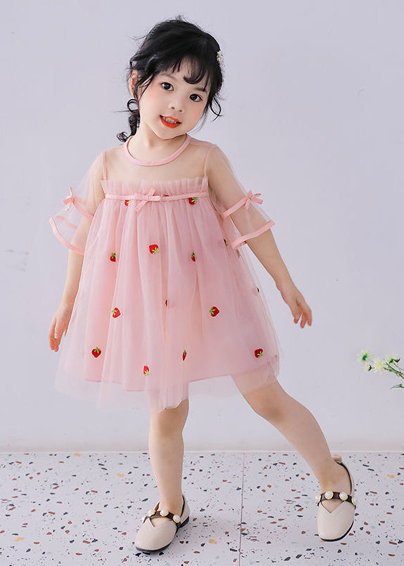 Pink O-neck Patchwork Strawberry Tulle Kids Mid Dress Short Sleeve