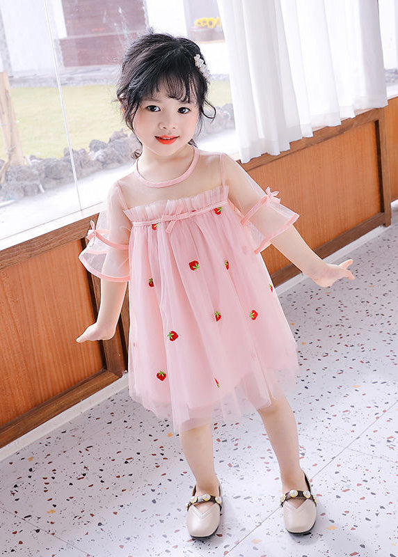 Pink O-neck Patchwork Strawberry Tulle Kids Mid Dress Short Sleeve