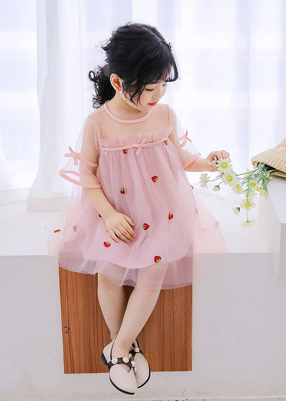 Pink O-neck Patchwork Strawberry Tulle Kids Mid Dress Short Sleeve