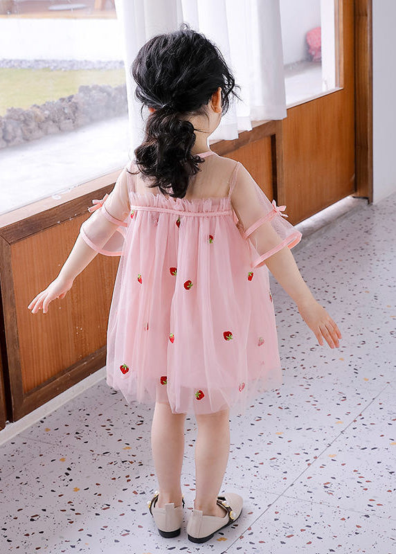 Pink O-neck Patchwork Strawberry Tulle Kids Mid Dress Short Sleeve