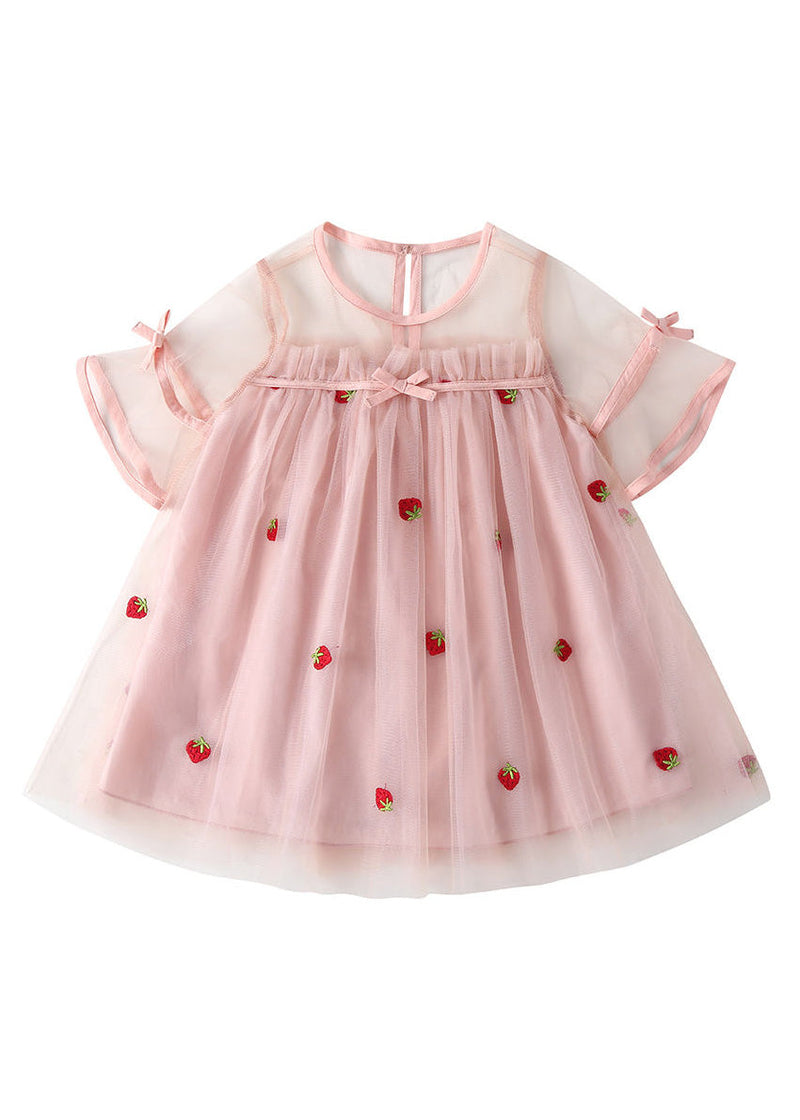 Pink O-neck Patchwork Strawberry Tulle Kids Mid Dress Short Sleeve