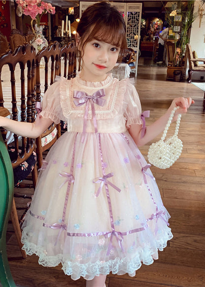 Pink Patchwork Wrinkled Bow Tulle Kids Mid Dress Short Sleeve
