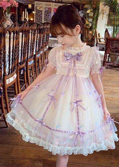 Pink Patchwork Wrinkled Bow Tulle Kids Mid Dress Short Sleeve