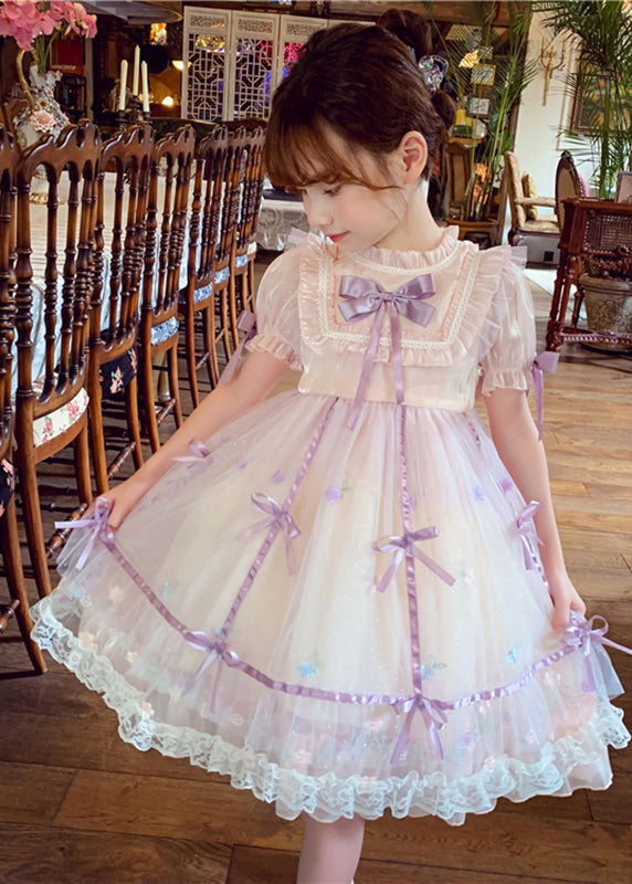 Pink Patchwork Wrinkled Bow Tulle Kids Mid Dress Short Sleeve