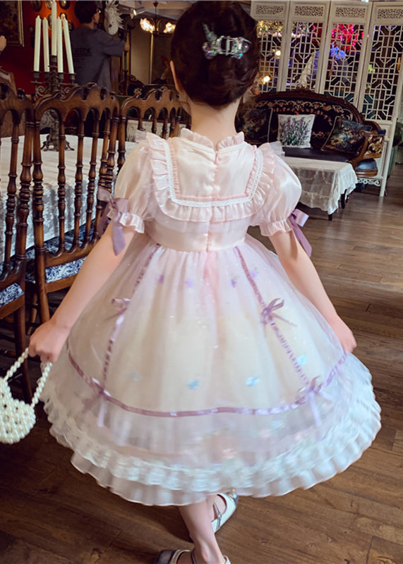 Pink Patchwork Wrinkled Bow Tulle Kids Mid Dress Short Sleeve
